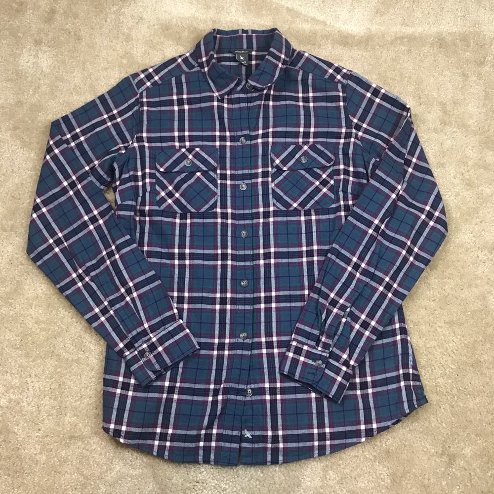 Eddie Bauer Button Up Shirt Blue Plaid Womens Size S Small Long Sleeve Pockets
